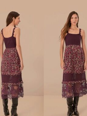 $280 EUC Farm Rio Purple Chelsea Garden Embroidered Lace Midi Tiered Dress S